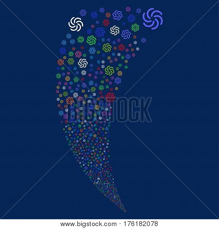 Galaxy random fireworks stream. Vector illustration style is flat bright multicolored iconic symbols on a blue background. Object fountain combined from scattered pictograms.