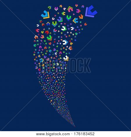 Home random fireworks stream. Vector illustration style is flat bright multicolored iconic symbols on a blue background. Object fountain constructed from scattered pictographs.