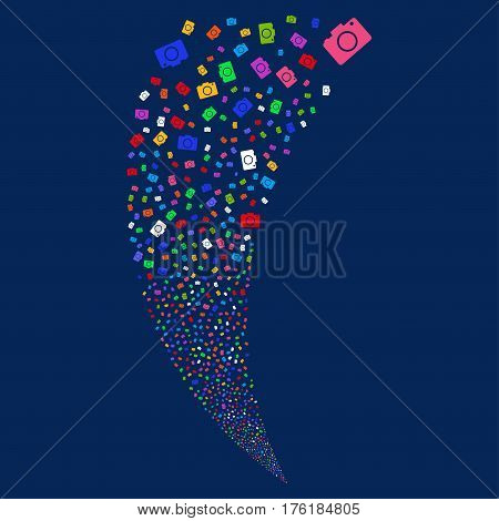 Photo Camera random fireworks stream. Vector illustration style is flat bright multicolored iconic symbols on a blue background. Object fountain combined from scattered pictograms.
