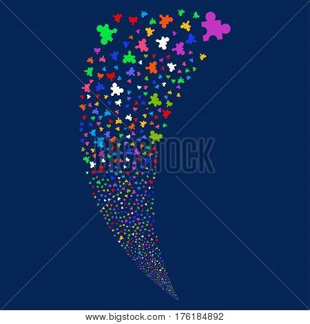 Plugin random fireworks stream. Vector illustration style is flat bright multicolored iconic symbols on a blue background. Object fountain made from scattered design elements.