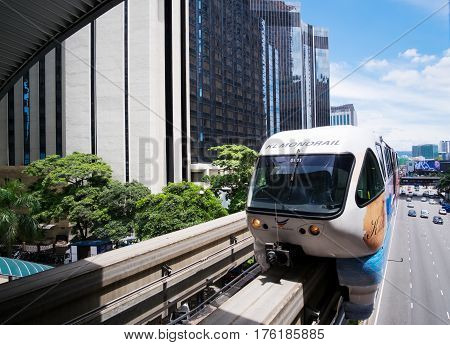 KUALA LUMPUR MALAYSIA 18 FEBRUARY 2017 : Monorail train arriving to the station