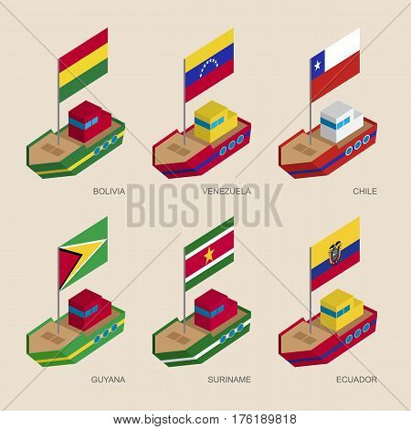 Set Of Isometric Ships With Flags Of European Countries