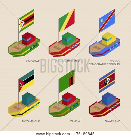 Set Of Isometric Ships With Flags Of African Countries