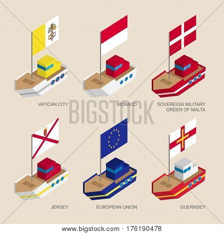 Set Of Isometric Ships With Flags Of European Countries