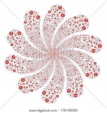 Coin fireworks swirl flower with ten petals. Vector illustration style is flat red scattered symbols. Object whirl created from random icons.