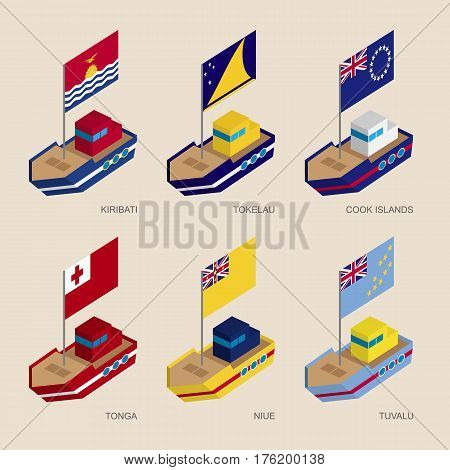 Set Of Isometric Ships With Flags Of Countries In Oceania