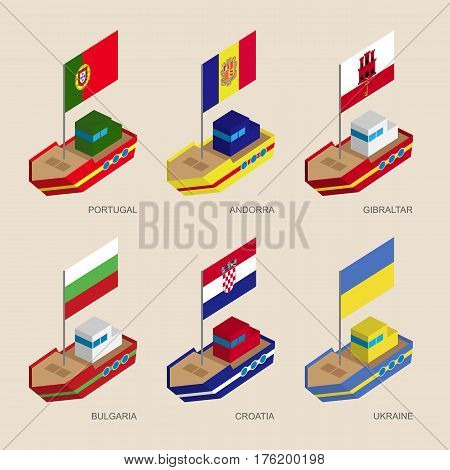 Set Of Isometric Ships With Flags Of Central Europe