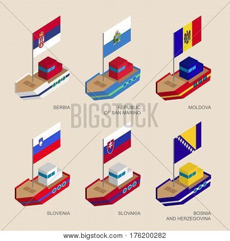 Set Of Isometric Ships With Flags Of European Countries