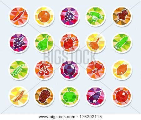 Set of vector icons with fruits and vegetables on the polygon background. Vector illustration.