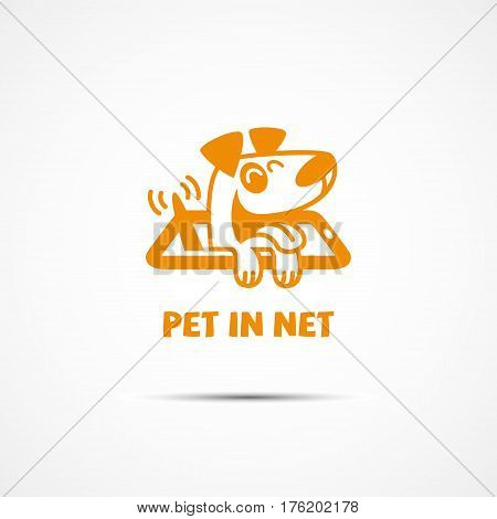 Funny logo for online services for pets with a dog in phone. Vector illustration.