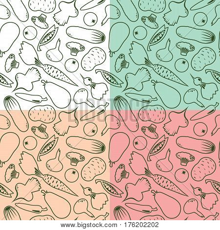 Seamless pattern with vegetable contours on an different backgrounds. Vector illustration.