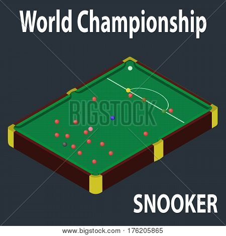 Snooker table in isometric style. 3d billiard table. Isometric view for website. Billiard table with balls. World snooker championship.