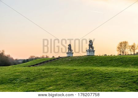 Landscape view Lion Statues at Asian Monastery.