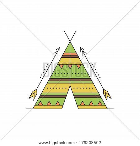 Tribal vector thin line icon, indian wigwam and arrows. Boho elements, bohemian style, ethnic american symbol. Colored isolated illustration. Simple mono linear modern design.