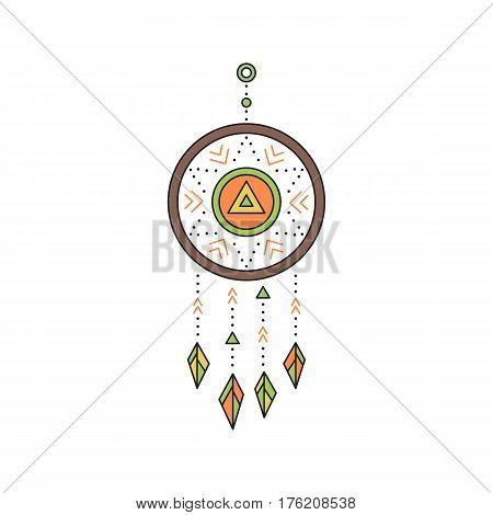 Tribal vector thin line icon, native indian talisman dreamcatcher. Boho element, bohemian style, ethnic american symbol. Colored isolated illustration. Simple mono linear modern design.