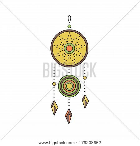 Tribal vector thin line icon, native indian talisman dreamcatcher. Boho element, bohemian style, ethnic american symbol. Colored isolated illustration. Simple mono linear modern design.