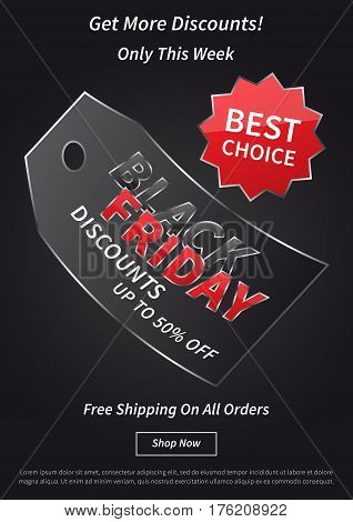 Black Friday with red price tag vector illustration on light grey background. Creative banner Black Friday with label Best Offer layout with sample text for coupons advertising.