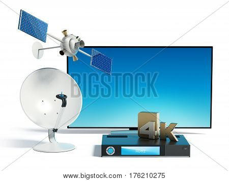 Satellite dish 4K ultra HD receiver and TV isolated on white background. 3D illustration.
