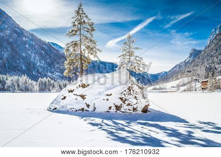 Lake Hintersee In Winter, Berchtesgadener Land, Bavaria, Germany