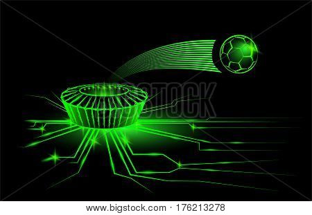Night stadium with the ball. Rays of energy. Vector neon illustration.