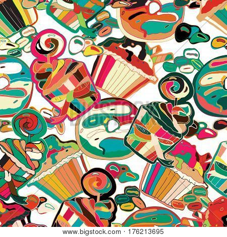 Vector seamless pattern. Desserts. Cupcakes muffins coffee candies. Hand drawn illustration.