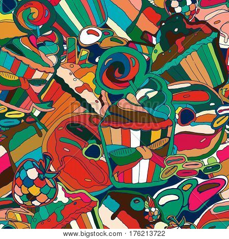 Vector seamless pattern. Desserts. Cupcakes muffins coffee candies. Hand drawn illustration.
