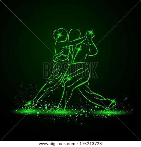 Couple dancing tango. Vector green neon illustration.