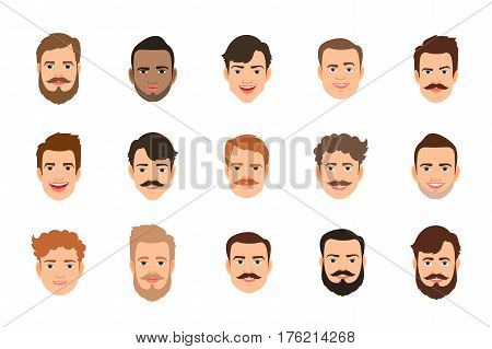 Human face set vector illustration. Male portrait or young man faces with various hairstyle