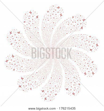 Pulse fireworks swirl flower with ten petals. Vector illustration style is flat red scattered symbols. Object whirl done from random symbols.