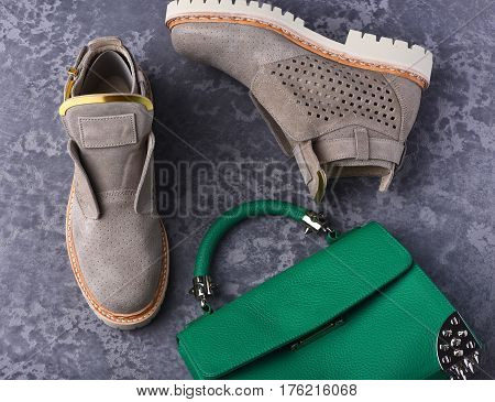 Small Womans Leather Green Bag And Grey Suede Boots