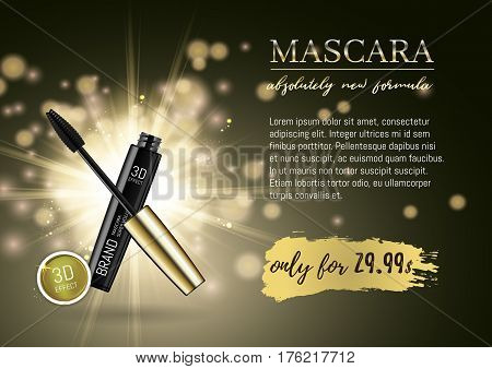 Luxury mascara ads, black and gold package with eyelash applicator brush with mascaras stroke palette on VIP shine glitter background. Vector 3d realistic illustratrion.