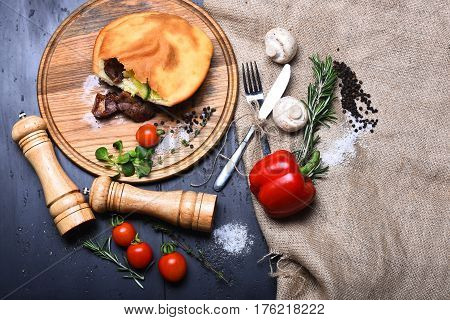 Calzone Or Pie With Vegetables, Pepperbox And Saltcellar On Tray