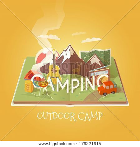 Vector 3D Paper Graphics. Open book with camping objects. Mountain landscape. Outdoor pursuits. Adventures in nature, vacation. Cardboard Graphic. Camping illustration. Flat style.