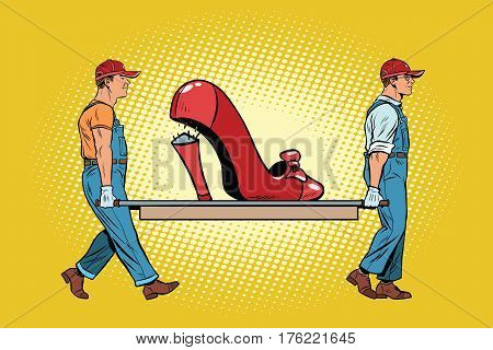 Womens shoes the heel broke. Workers carry on the repair. Pop art retro vector illustration