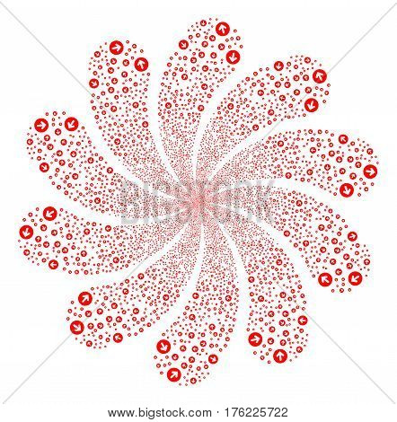 Rounded Arrow fireworks swirl flower with ten petals. Vector illustration style is flat red scattered symbols. Object whirl combined from random symbols.