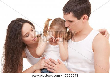 Mother and father becalm daughter on the white background