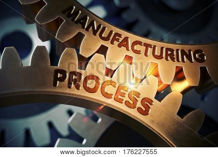 Manufacturing Process on the Mechanism of Golden Metallic Gears with Glow Effect. Manufacturing Process on the Mechanism of Golden Metallic Cog Gears. 3D Rendering.