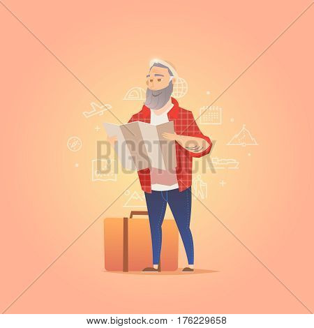 Traveler on orange background. Man looking at map. Adventure travel. Summer vacation. Around the world. Cartoon style. Vector illustration.