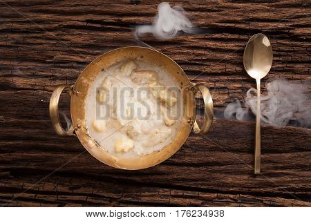 Durian Coconut Milk Sticky Rice Still Life On Wooden Background