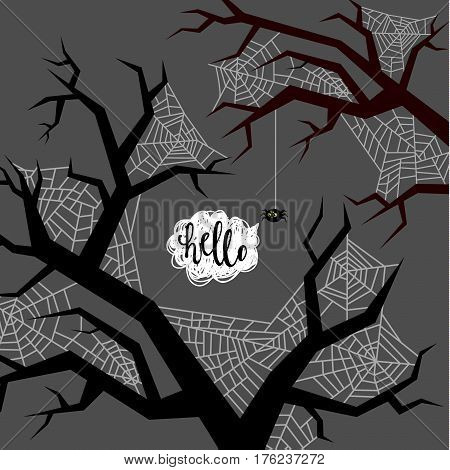 Halloween illustration. Spider wove a web on the trees. Flat design, vector illustration.