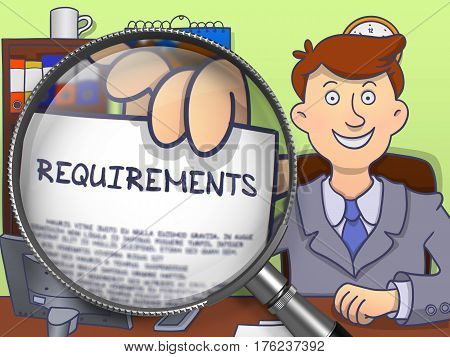 Requirements on Paper in Businessman's Hand to Illustrate a Business Concept. Closeup View through Magnifying Glass. Multicolor Doodle Illustration.