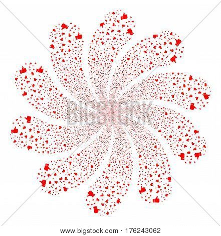 Thumb Up fireworks swirl flower with ten petals. Vector illustration style is flat red scattered symbols. Object whirl created from random pictographs.