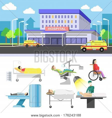 Hospital building and patients vector flat icons for medical infographics. Dentist chair, surgeon operation table, therapist mri tomography scan, ambulance wheelchair for pregnant and emergency room