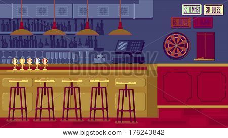 Bar Restaurant with counter in flat style. banner of interior with bar counter, bar chairs and shelves with alcohol.