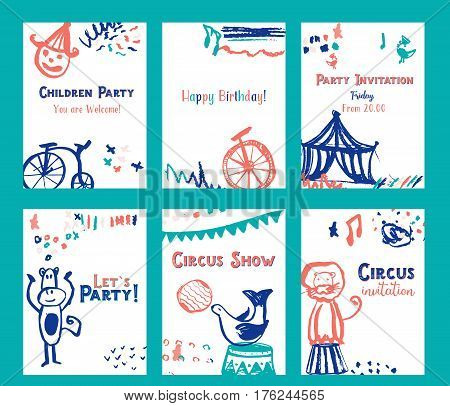 Kid birthday invitation card design set with circus elements vector illustration.