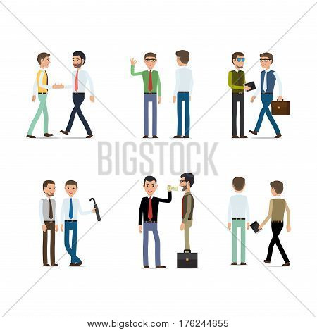 Businessmen working concept vector collection on white. Vector illustration of male characters people shaking hands, passing money, going with bag, holding dark umbrella, pointing on jotter.