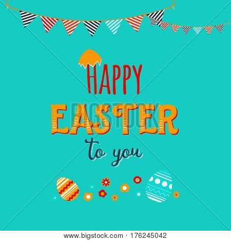 Colorful Happy Easter greeting card with flowers and eggs. Decorated cute invitation