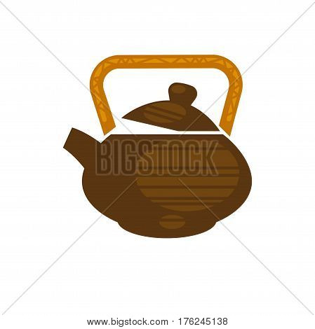 Ceramic or clay teapot in Chinese style with handle. Brewed green or black tea drink icon for teahouse cafe or cafeteria design element. Vector flat template