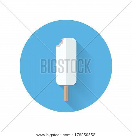 Biten ice cream on stick. Eskimo in white chocolate. Vector in flat design. Refreshing cold dessert. Summer sweets. Illustration for food concepts, diet infographic, icons or web design.