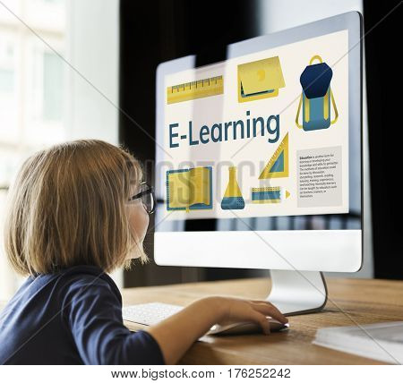 Girl working on computer network graphic overlay